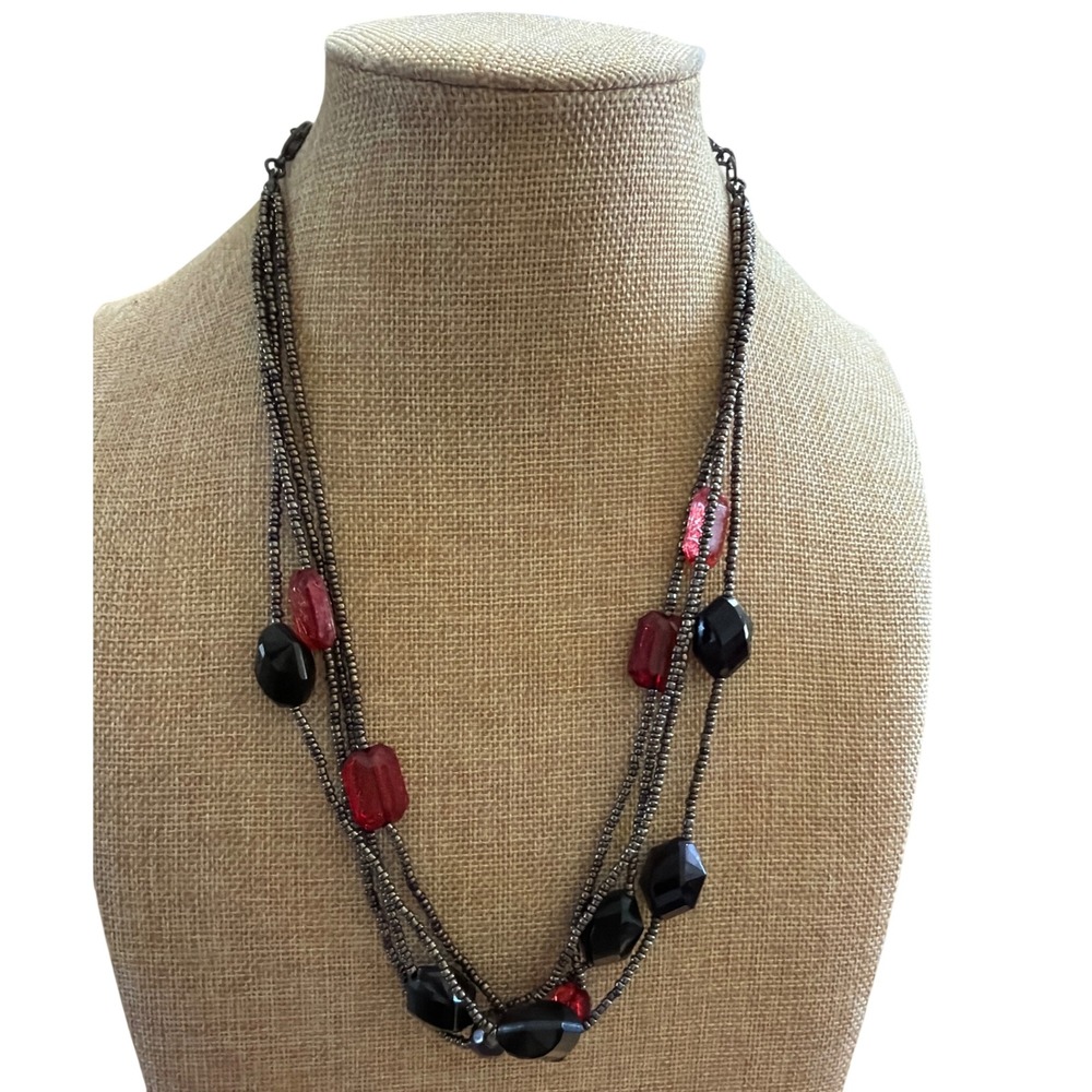 Multi-Strand Beaded Necklace Gunmetal Red Black Faceted Geometric Icing